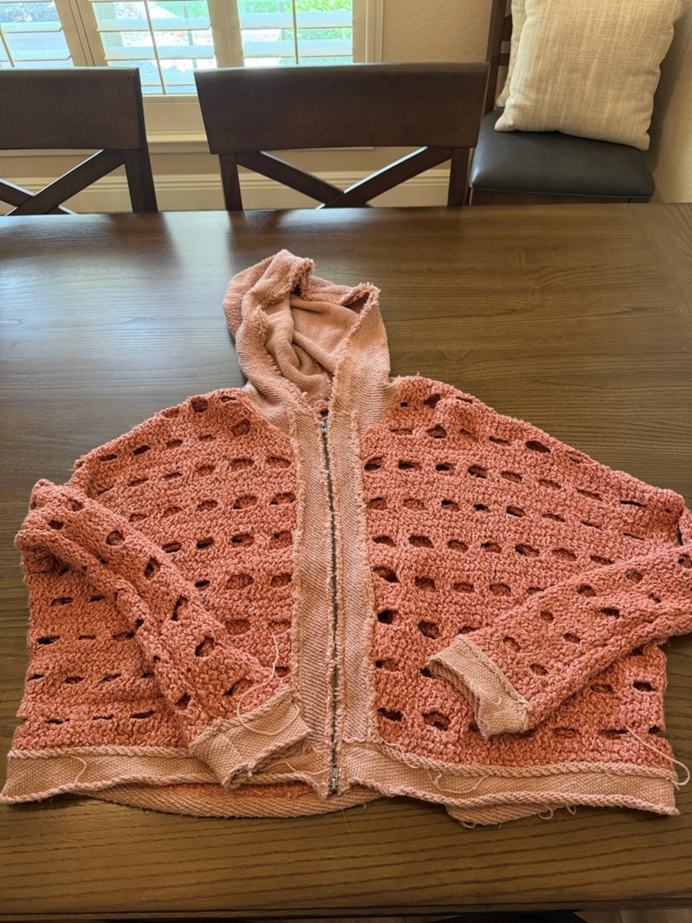 Free People Rose Pink Crochet Hooded Sweater Jacket